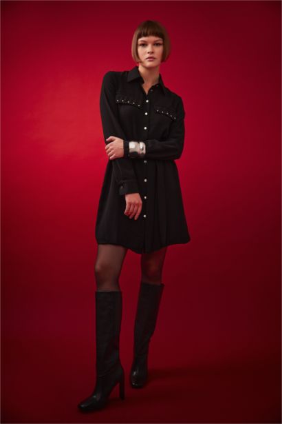 فستان قصير كريب كم طويل بياقة قميص وحزام