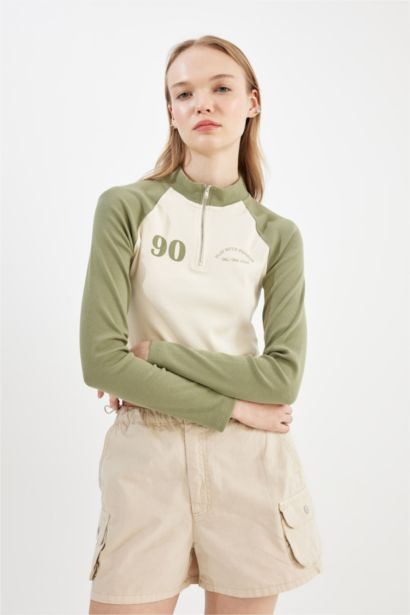 Fitted Ribbed Camisole Half Zipper Color Block Printed T-Shirt