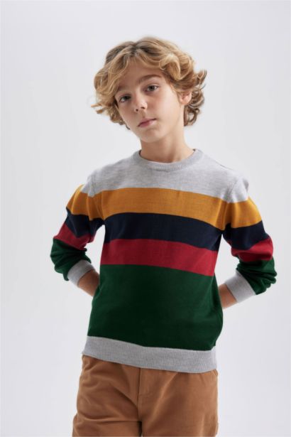Boy Crew Neck Color Block Knitted Pullover