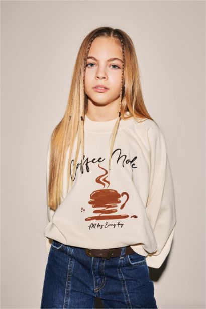 Girl Oversize Fit Crew Neck Printed Thick Sweatshirt