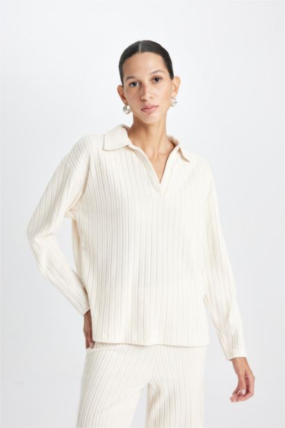 Relax Fit Polo Yaka Casual Fitilli Kaşkorse Uzun Kollu Tişört