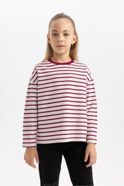 Girl Loose Fit Striped Crew Neck Sweatshirt