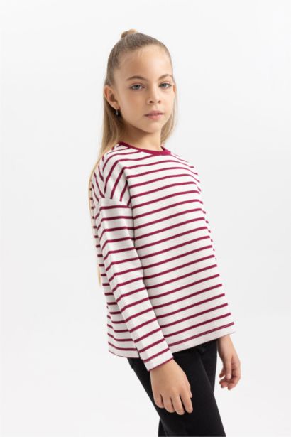 Girl Loose Fit Striped Crew Neck Sweatshirt