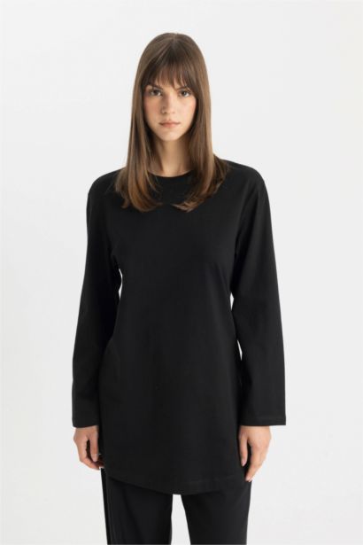 تونيك كم طويل قصة عادية برقبة مستديرة