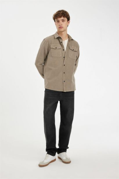 %100 Pamuk Regular Fit Polo Yaka Basic Düz Uzun Kollu Gömlek