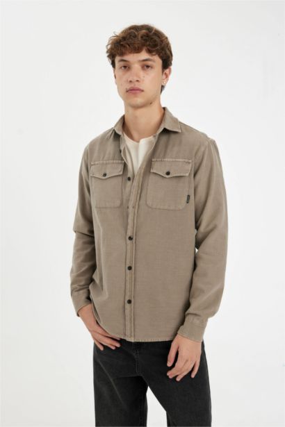 %100 Pamuk Regular Fit Polo Yaka Basic Düz Uzun Kollu Gömlek