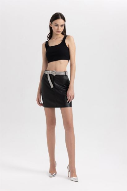A Cut Faux Leather Mini Skirt