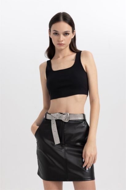 A Cut Faux Leather Mini Skirt