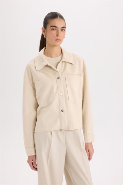 Crop Çıtçıtlı Cepli Süet Gömlek Ceket