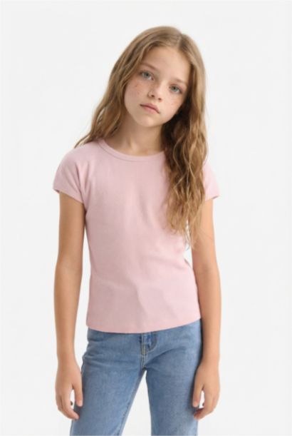Girl Slim Fit Crew Neck Basic Corduroy T-Shirt