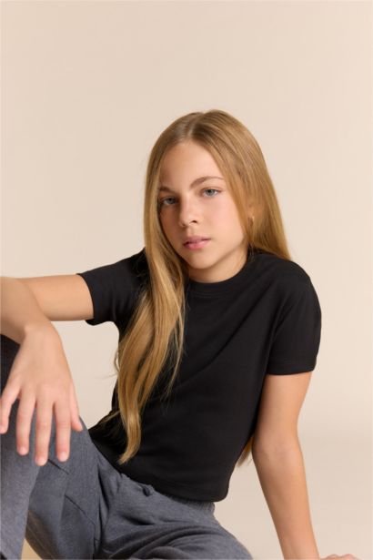 Girl Slim Fit Crew Neck Ribbed Short Sleeve T-Shirt