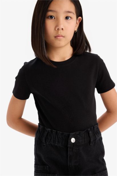 Girl Slim Fit Crew Neck Ribbed Short Sleeve T-Shirt