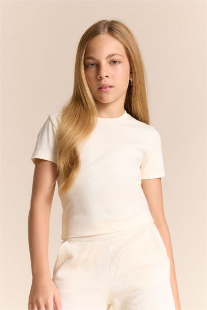 Slim Fit Dar Kesim Bisiklet Yaka Ribana Basic Düz Kısa Kollu Tişört Kız Çocuk