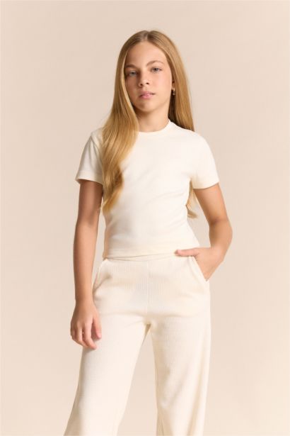 Slim Fit Dar Kesim Bisiklet Yaka Ribana Basic Düz Kısa Kollu Tişört Kız Çocuk