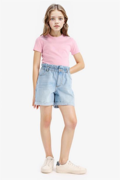 Slim Fit Dar Kesim Bisiklet Yaka Ribana Basic Düz Kısa Kollu Tişört Kız Çocuk