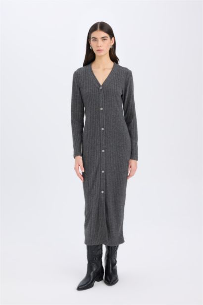 Bodycon Vücudu Saran Basic Düz V Yaka Düğmeli Fitilli Kaşkorse Midi Uzun Kollu Elbise