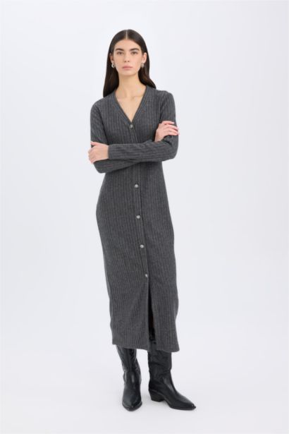 Bodycon Vücudu Saran Basic Düz V Yaka Düğmeli Fitilli Kaşkorse Midi Uzun Kollu Elbise