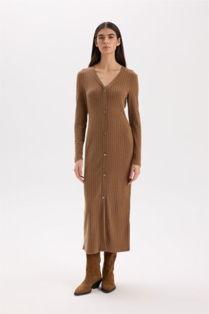 Bodycon Vücudu Saran Basic Düz V Yaka Düğmeli Fitilli Kaşkorse Midi Uzun Kollu Elbise