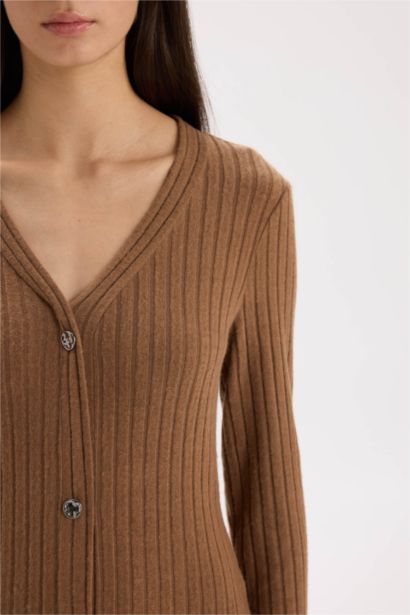 Bodycon Vücudu Saran Basic Düz V Yaka Düğmeli Fitilli Kaşkorse Midi Uzun Kollu Elbise