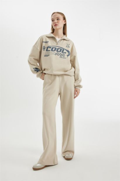 Wide Leg Geniş Bol Paça Eşofman Altı Beli Lastikli Bağcıklı Cepli Basic Düz