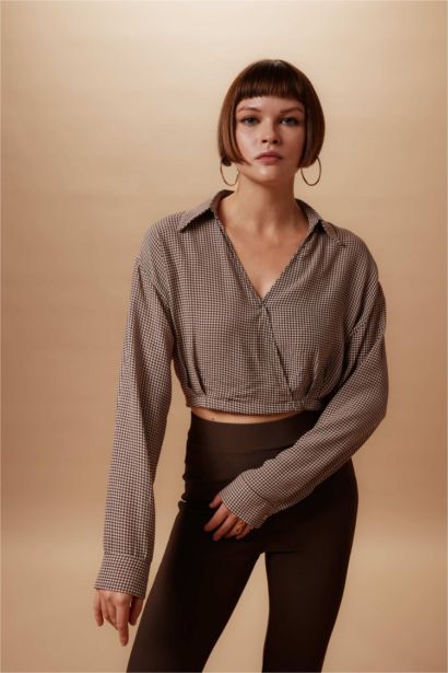 Crop Wrap Collar Long Sleeve Blouse