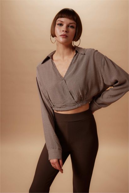 Crop Wrap Collar Long Sleeve Blouse