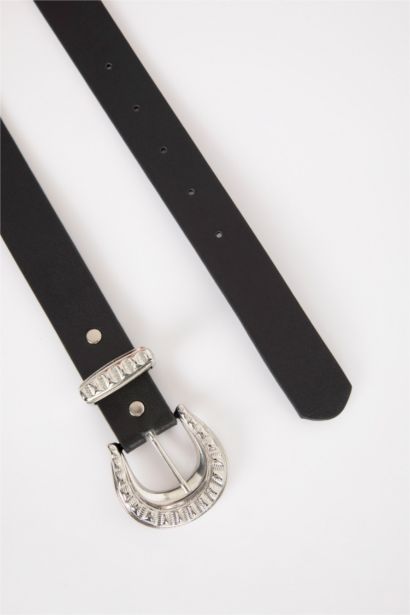 Woman Oval Buckle Faux Leather Classic Belt