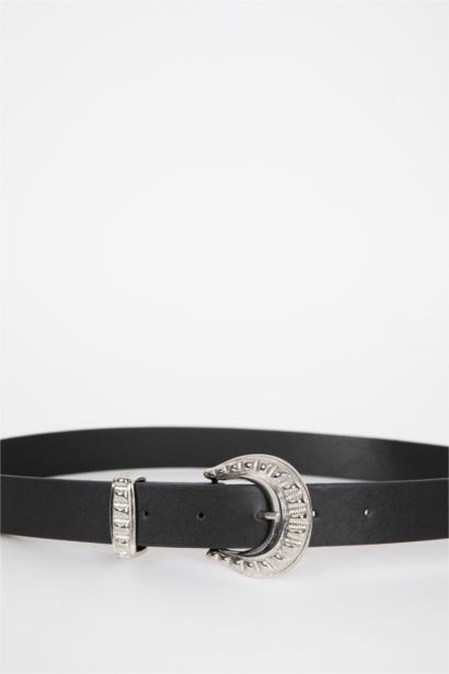 Woman Oval Buckle Faux Leather Classic Belt