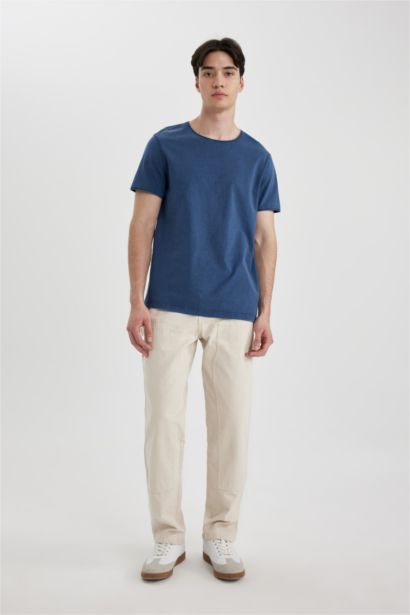 تيشيرت بيزك نص كم أزرق داكن قصة عادية بياقة مستديرة