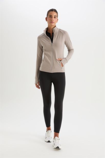 Fitted Dik Yaka Çift Cepli Fermuarlı Sporcu Hırka