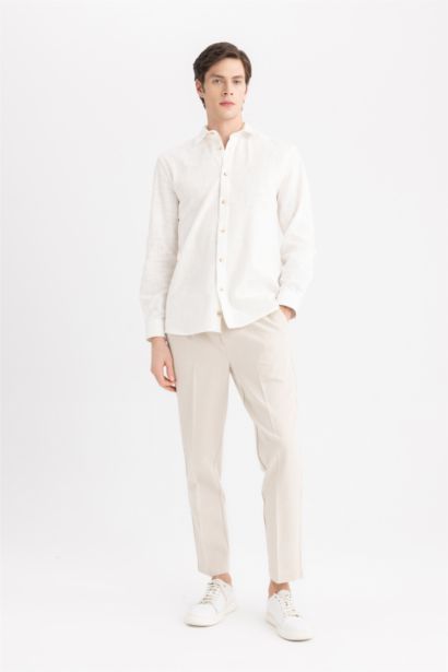 %100 Pamuk Regular Fit Polo Yaka Uzun Kollu Pamuklu Keten Görünümlü Beyaz Gömlek