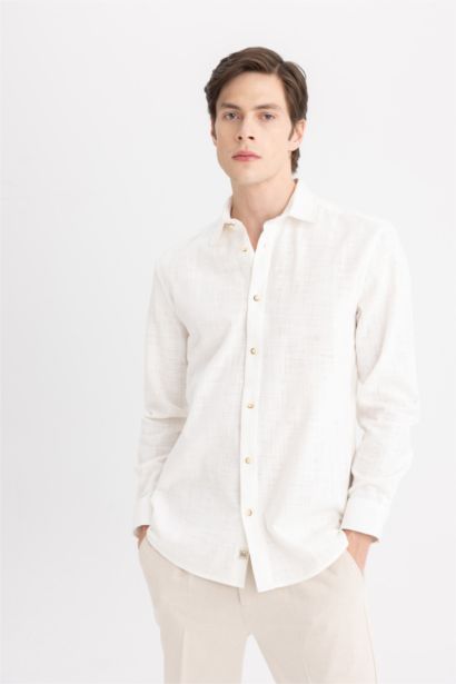 %100 Pamuk Regular Fit Polo Yaka Uzun Kollu Pamuklu Keten Görünümlü Beyaz Gömlek