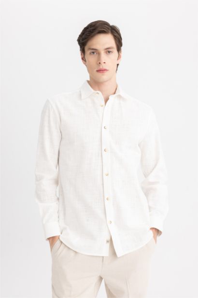 %100 Pamuk Regular Fit Polo Yaka Uzun Kollu Pamuklu Keten Görünümlü Beyaz Gömlek