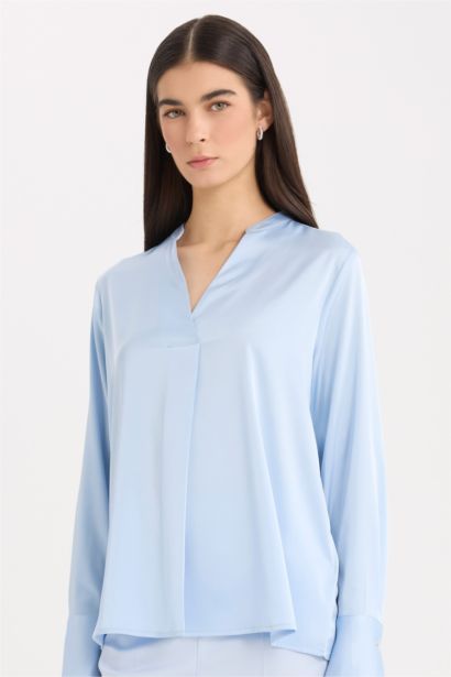 Regular Fit V Neck Satin Long Sleeve Blouse