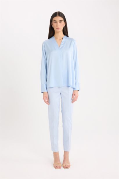 Regular Fit V Neck Satin Long Sleeve Blouse