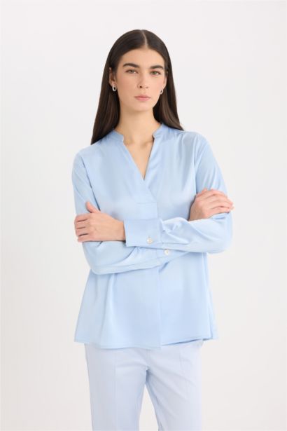 Regular Fit V Neck Satin Long Sleeve Blouse