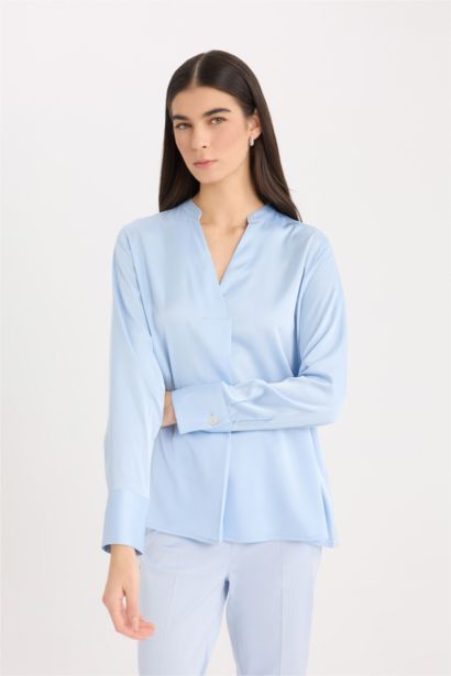 Regular Fit V Neck Satin Long Sleeve Blouse