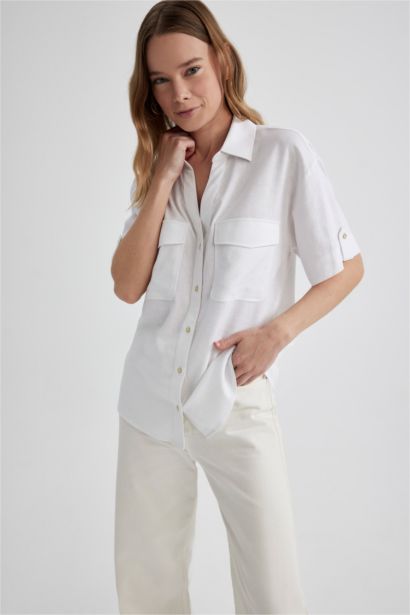 Regular Fit Shirt Collar Linen Blend Short Sleeve Shirt