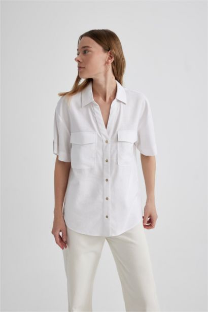 Regular Fit Shirt Collar Linen Blend Short Sleeve Shirt