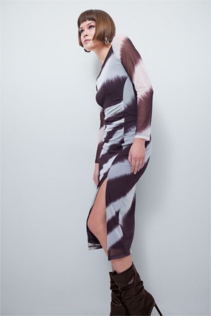 тығыз көйлек дөңгелек жаға ұзын жеңді Ұзын жеңді трикотаж көйлек