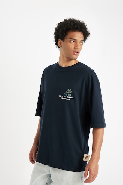 %100 Pamuk Loose Fit Sırt Baskılı Kısa Kollu Tişört