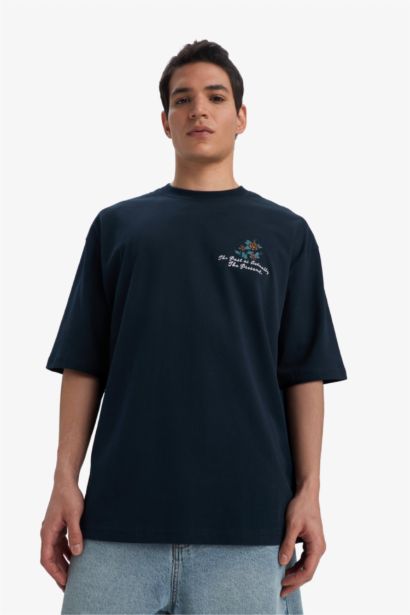 %100 Pamuk Loose Fit Bisiklet Yaka Sırt Baskılı Kısa Kollu Tişört