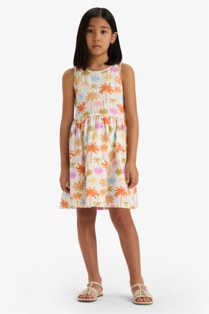 Детское платье без рукавов с цветочным принтом и круглым вырезом