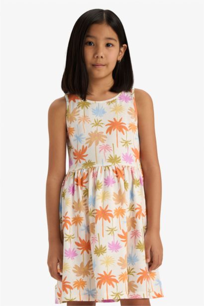 Детское платье без рукавов с цветочным принтом и круглым вырезом