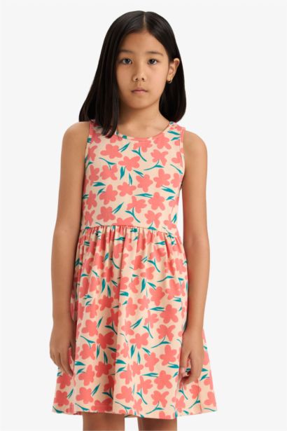 Bisiklet Yaka Çiçek Desenli Kolsuz Yazlık Elbise Kız Çocuk