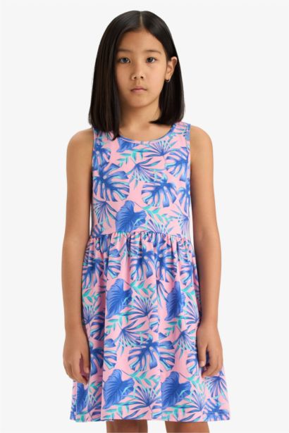 Bisiklet Yaka Desenli Kolsuz Yazlık Elbise Kız Çocuk