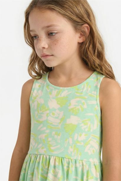 Bisiklet Yaka Desenli Kolsuz Yazlık Elbise Kız Çocuk