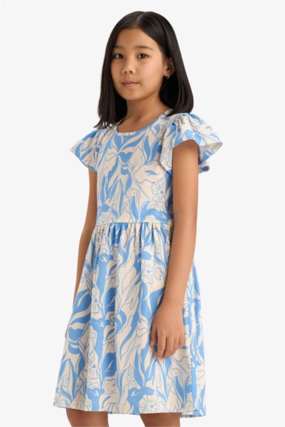Bisiklet Yaka Desenli Kısa Kollu Yazlık Elbise Kız Çocuk