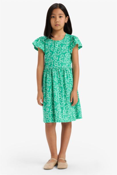 Детское летнее платье с круглым вырезом, коротким рукавом и узором