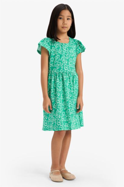 Детское летнее платье с круглым вырезом, коротким рукавом и узором